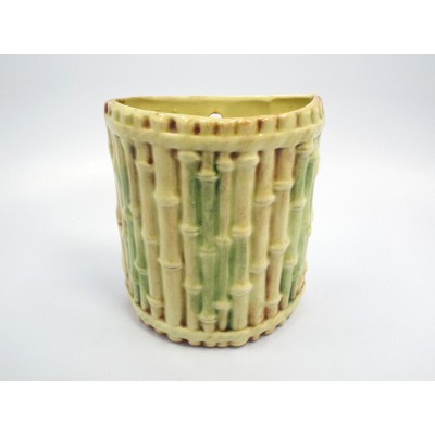 Vintage Small Green & Brown Bamboo Wall Pocket, signed   332550876483